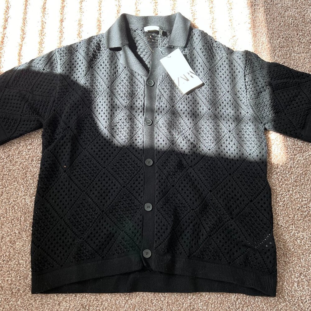 Zara CROCHET KNIT SHIRT BLACK NWT LARGE